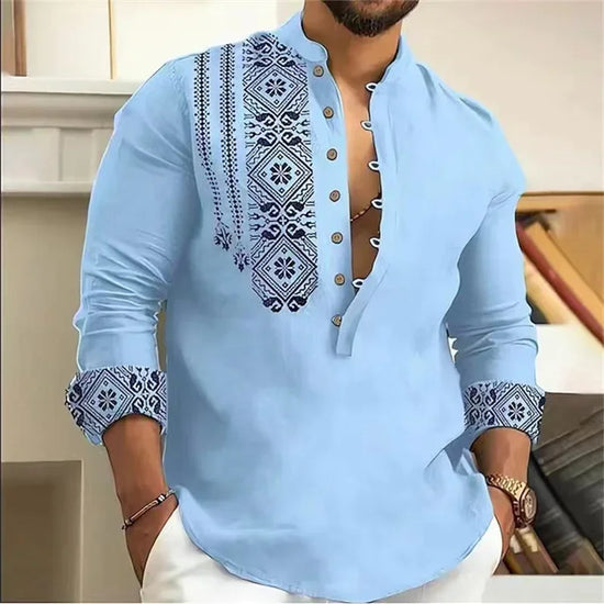 Camisa Masculina de 7 Botones – Manga Larga, Cuello Henley en V y Estilo Casual Holgado