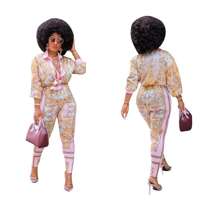 Two-piece suit with waist printed jacket