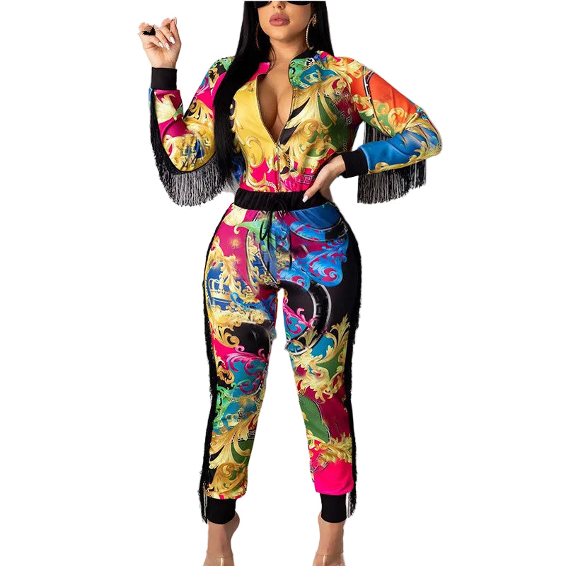 Traje de dos piezas con chaqueta estampada en la cintura