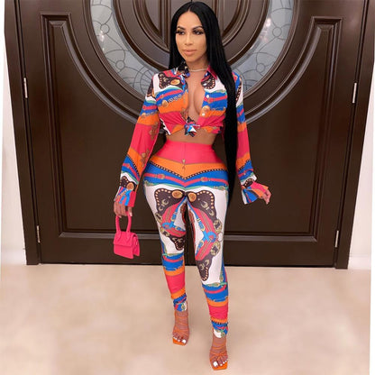 Two-piece suit with waist printed jacket