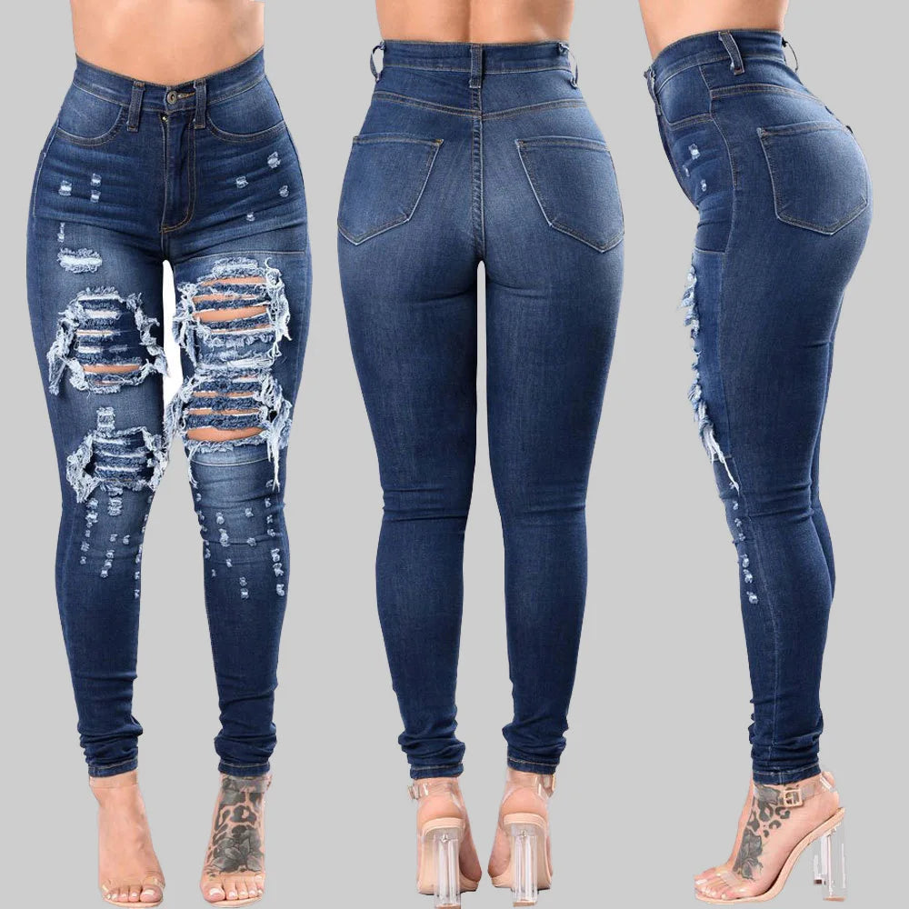 Jeans Rotos de Cintura Alta para Mujer – Pantalones Vaqueros Ajustados de Otoño S‑3XL