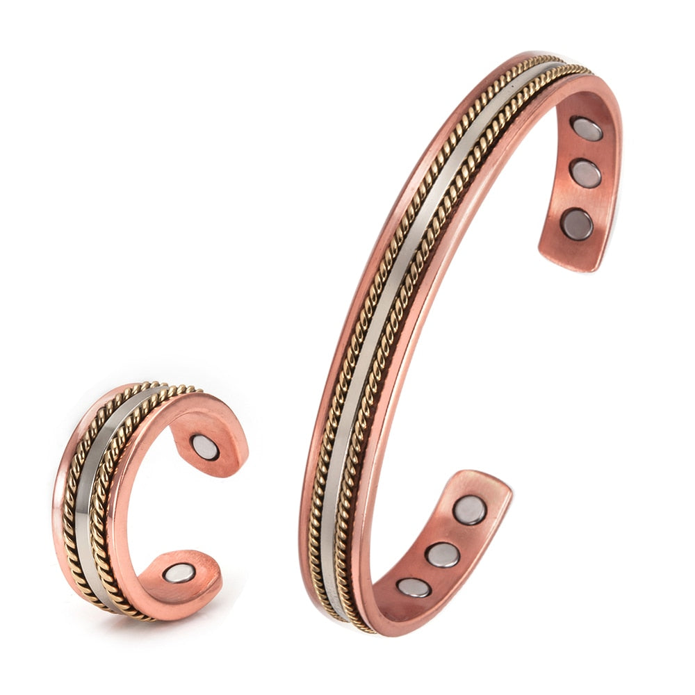 Pulseira de Cobre Magnético Anel de Energia de Cura para Mulheres Anel de Punho Ajustável em Ouro Rosa Pulseiras Bangles - A.S Foco