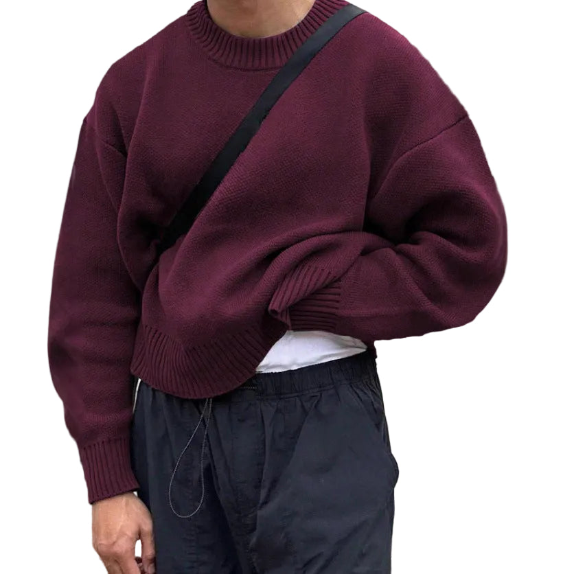 Suéter de punto de color liso para hombre, jersey informal holgado de manga larga