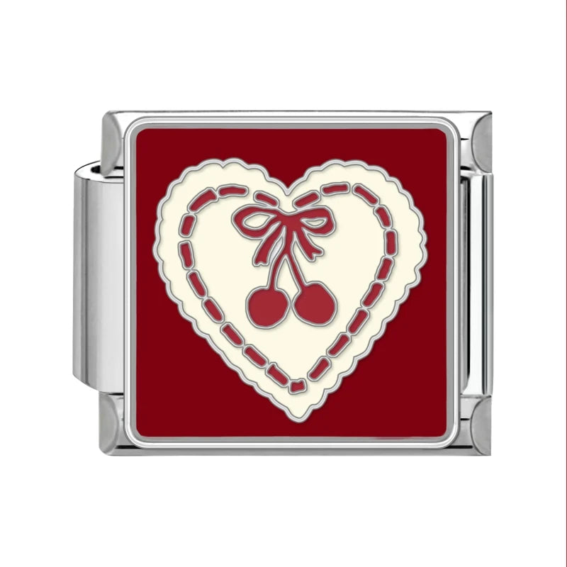 Charm Italiano de Acero Inoxidable – Diseño Ball No.8, Corazón, Cereza, Arcoíris, Gatos y Flores para Pulseras de 9mm