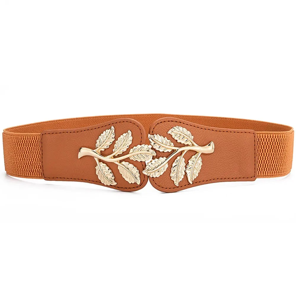 Cinturón Ancho para Mujer – Cierre Elástico con Hebilla de Hoja Dorada
