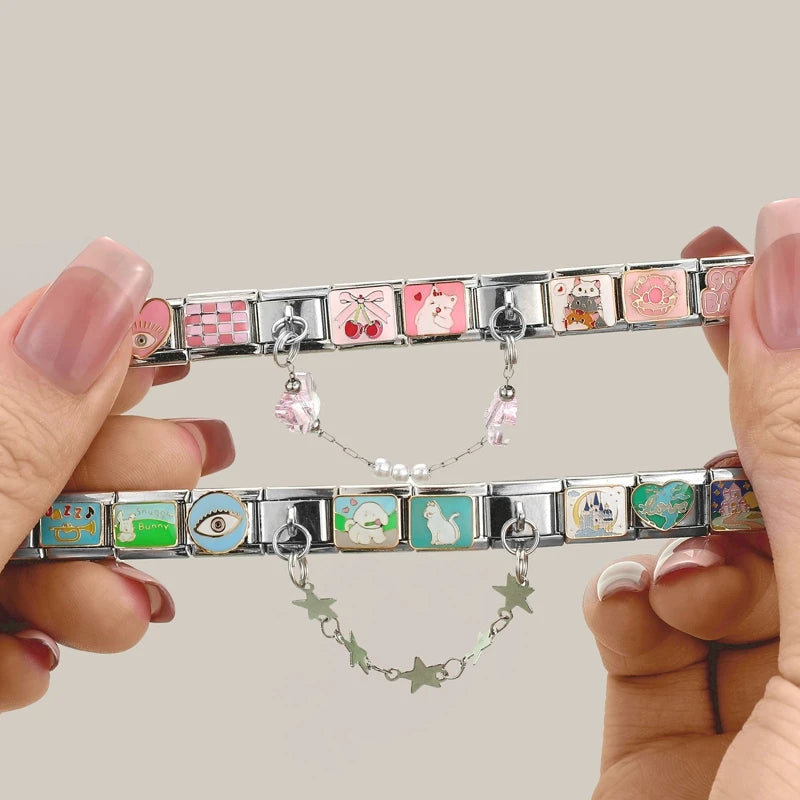 Charm Italiano de Acero Inoxidable – Diseño Ball No.8, Corazón, Cereza, Arcoíris, Gatos y Flores para Pulseras de 9mm