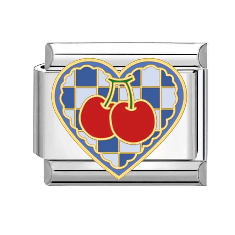 Charm Italiano de Acero Inoxidable – Diseño Ball No.8, Corazón, Cereza, Arcoíris, Gatos y Flores para Pulseras de 9mm