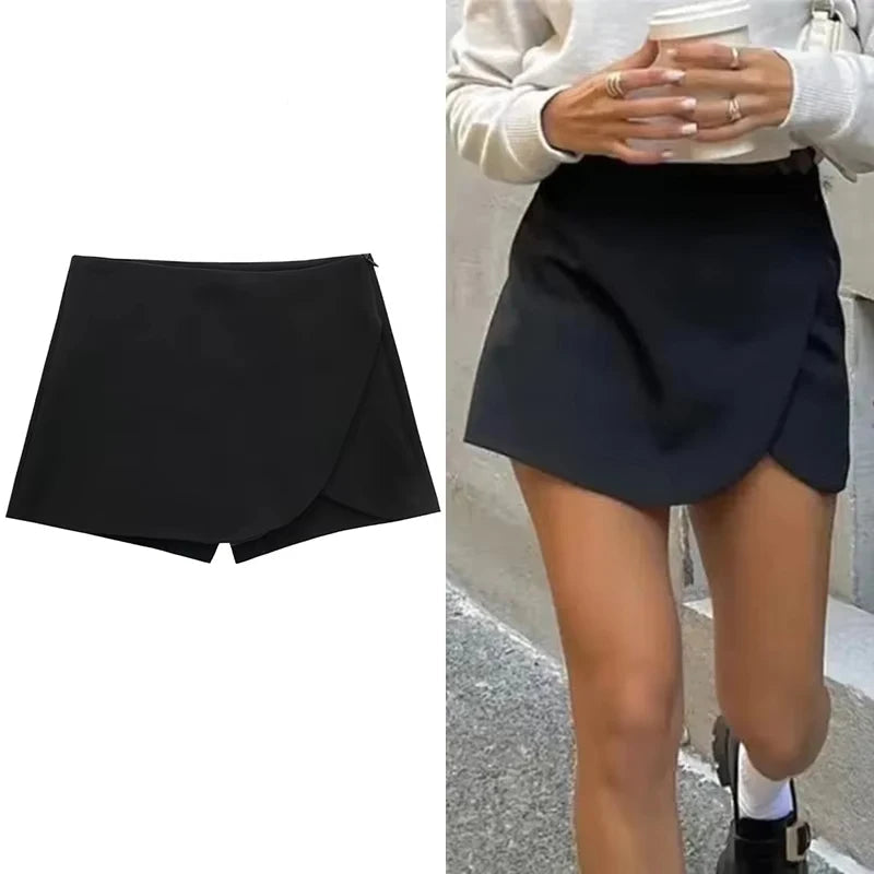 Skort Mini Negro Asimétrico para Mujer 2025 – Falda Pantalón de Cintura Alta