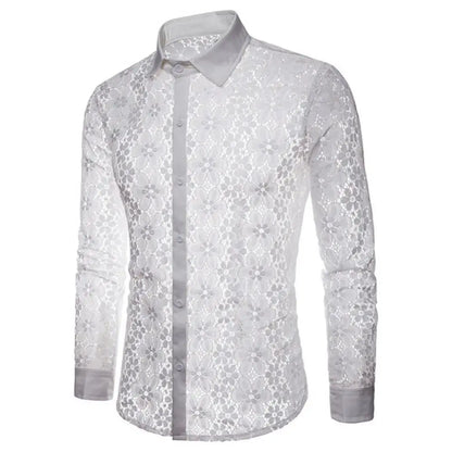 Camisa de Hombre con Cuello Vuelto – Manga Larga, Algodón y Encaje Transparente Estilo Clubwear