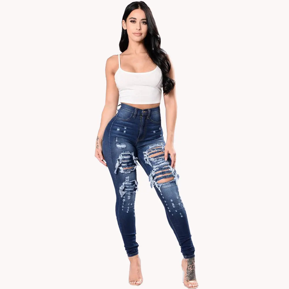 Jeans Rotos de Cintura Alta para Mujer – Pantalones Vaqueros Ajustados de Otoño S‑3XL