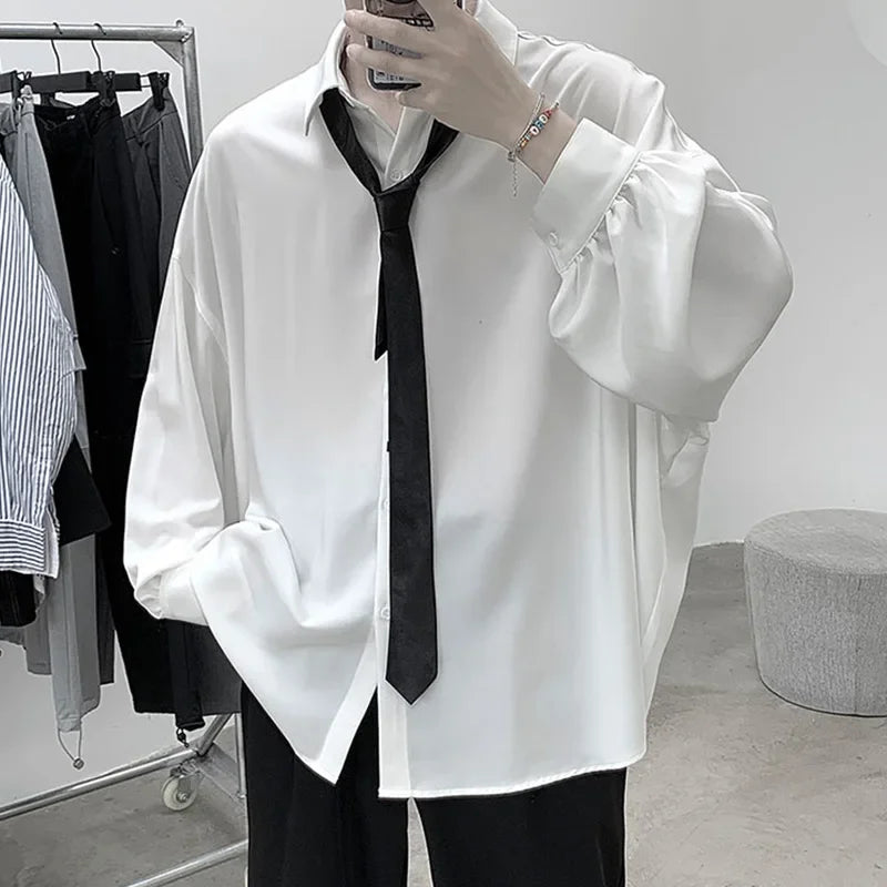 Camisa de Hombre Estilo Coreano – Manga Larga, Oversize y Transpirable con Corbata Negra