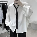 Camisa de Hombre Estilo Coreano – Manga Larga, Oversize y Transpirable con Corbata Negra