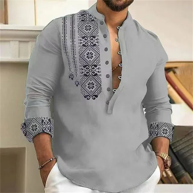 Camisa Masculina de 7 Botones – Manga Larga, Cuello Henley en V y Estilo Casual Holgado