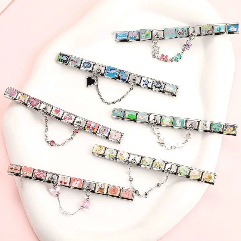 Charm Italiano de Acero Inoxidable – Diseño Ball No.8, Corazón, Cereza, Arcoíris, Gatos y Flores para Pulseras de 9mm