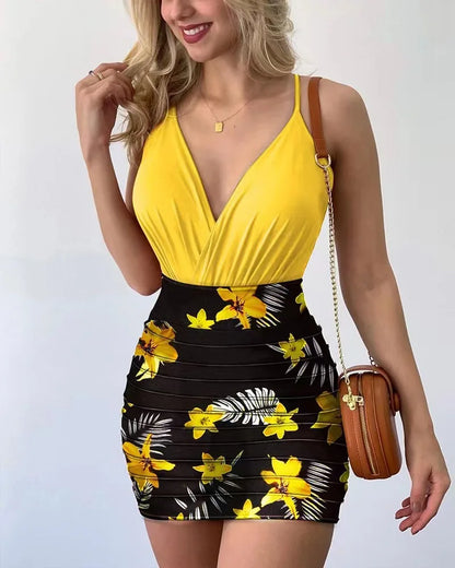 Conjunto de 2 Piezas para Mujer – Camiseta de Tirantes y Shorts con Estampado de Plantas
