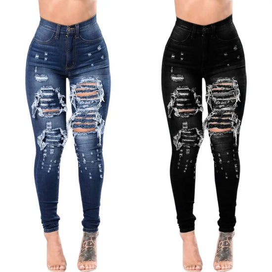 Jeans Rotos de Cintura Alta para Mujer – Pantalones Vaqueros Ajustados de Otoño S‑3XL