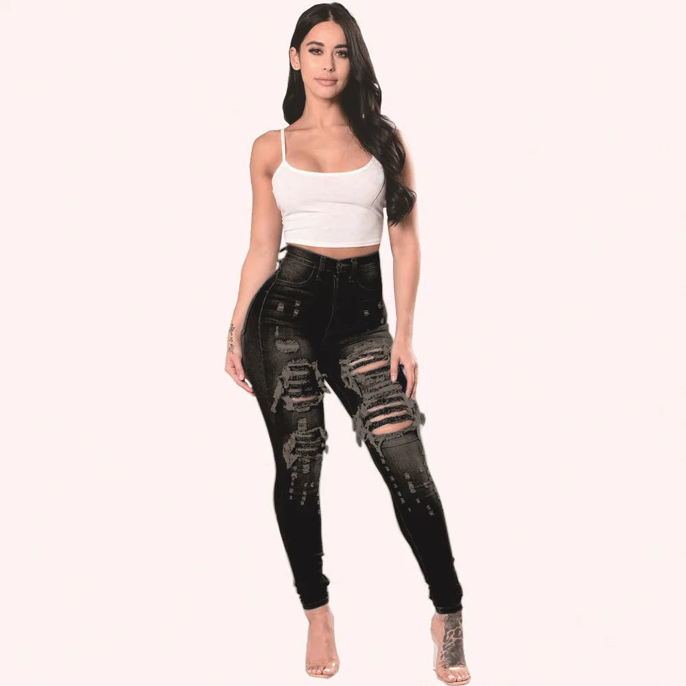 Jeans Rotos de Cintura Alta para Mujer – Pantalones Vaqueros Ajustados de Otoño S‑3XL