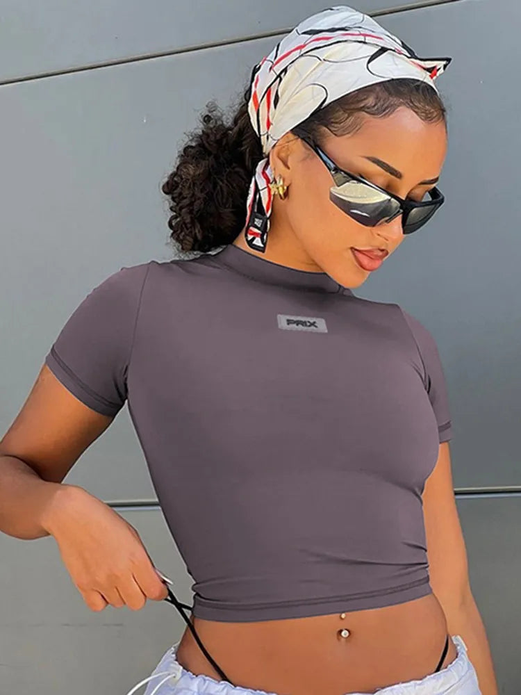 Hugcitar Estampado de letras Cuello redondo Manga corta Sexy.