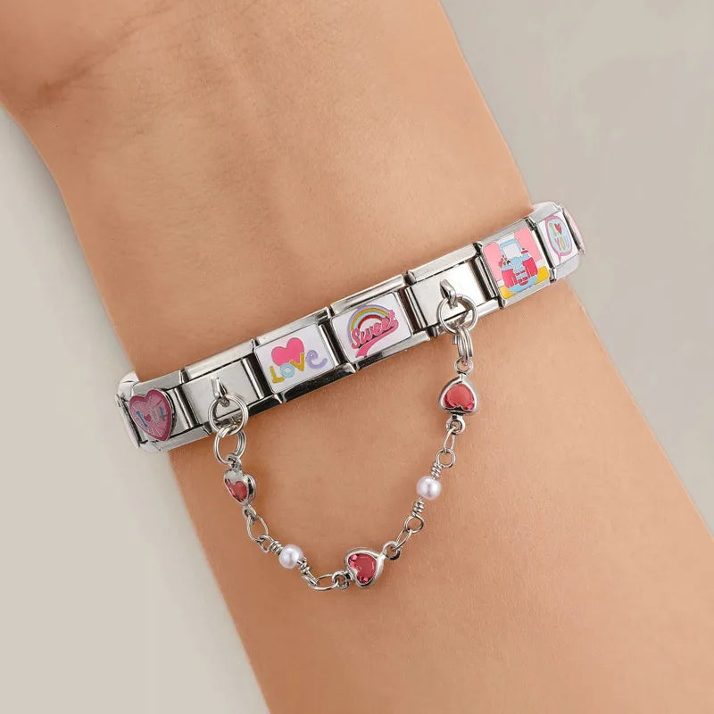 Charm Italiano de Acero Inoxidable – Diseño Ball No.8, Corazón, Cereza, Arcoíris, Gatos y Flores para Pulseras de 9mm