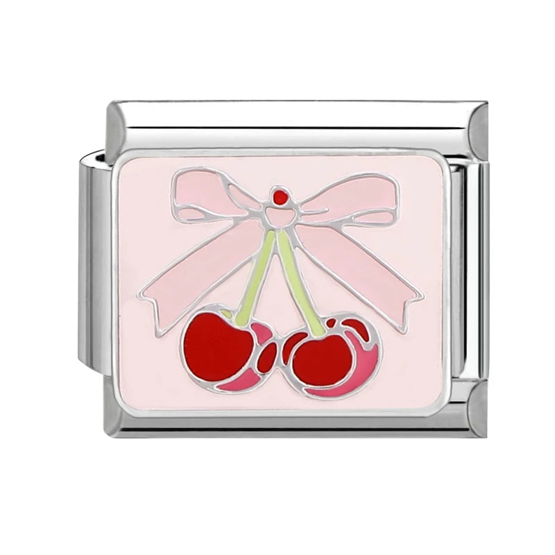 Charm Italiano de Acero Inoxidable – Diseño Ball No.8, Corazón, Cereza, Arcoíris, Gatos y Flores para Pulseras de 9mm