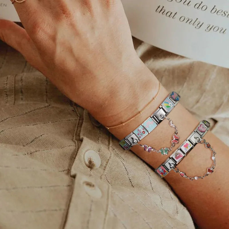 Charm Italiano de Acero Inoxidable – Diseño Ball No.8, Corazón, Cereza, Arcoíris, Gatos y Flores para Pulseras de 9mm