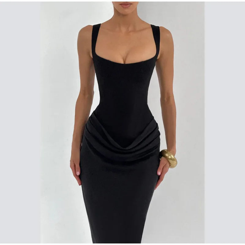 Vestido Maxi Marrón para Mujer – Tirantes, Pliegues y Cintura Ajustada