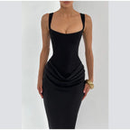 Vestido Maxi Marrón para Mujer – Tirantes, Pliegues y Cintura Ajustada