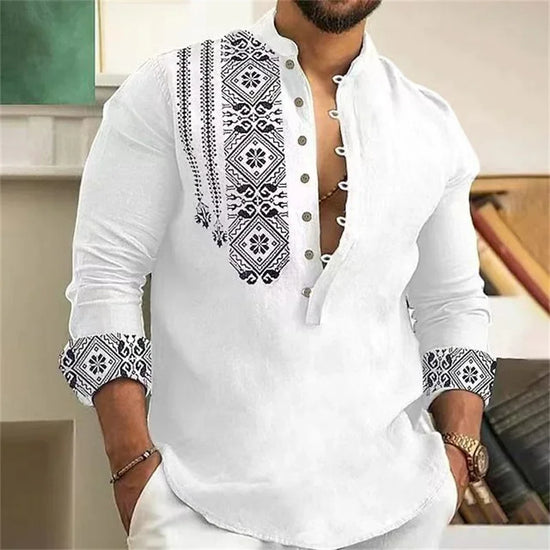 Camisa Masculina de 7 Botones – Manga Larga, Cuello Henley en V y Estilo Casual Holgado