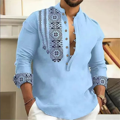 Camisa Masculina de 7 Botones – Manga Larga, Cuello Henley en V y Estilo Casual Holgado