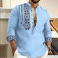 Camisa Masculina de 7 Botones – Manga Larga, Cuello Henley en V y Estilo Casual Holgado