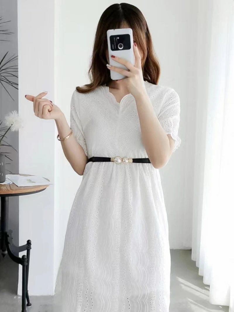 Cinturón Delgado para Mujer con Hebilla de Doble Perla – Banda Elástica Decorativa