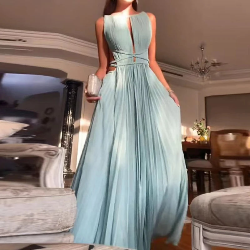 Vestido Largo Sin Mangas para Mujer – Diseño Hollow Out y Falda Plisada de Verano