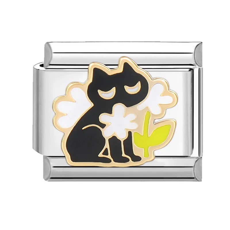 Charm Italiano de Acero Inoxidable – Diseño Ball No.8, Corazón, Cereza, Arcoíris, Gatos y Flores para Pulseras de 9mm