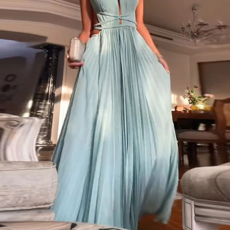 Vestido Largo Sin Mangas para Mujer – Diseño Hollow Out y Falda Plisada de Verano