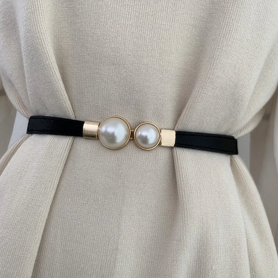 Cinturón Delgado para Mujer con Hebilla de Doble Perla – Banda Elástica Decorativa