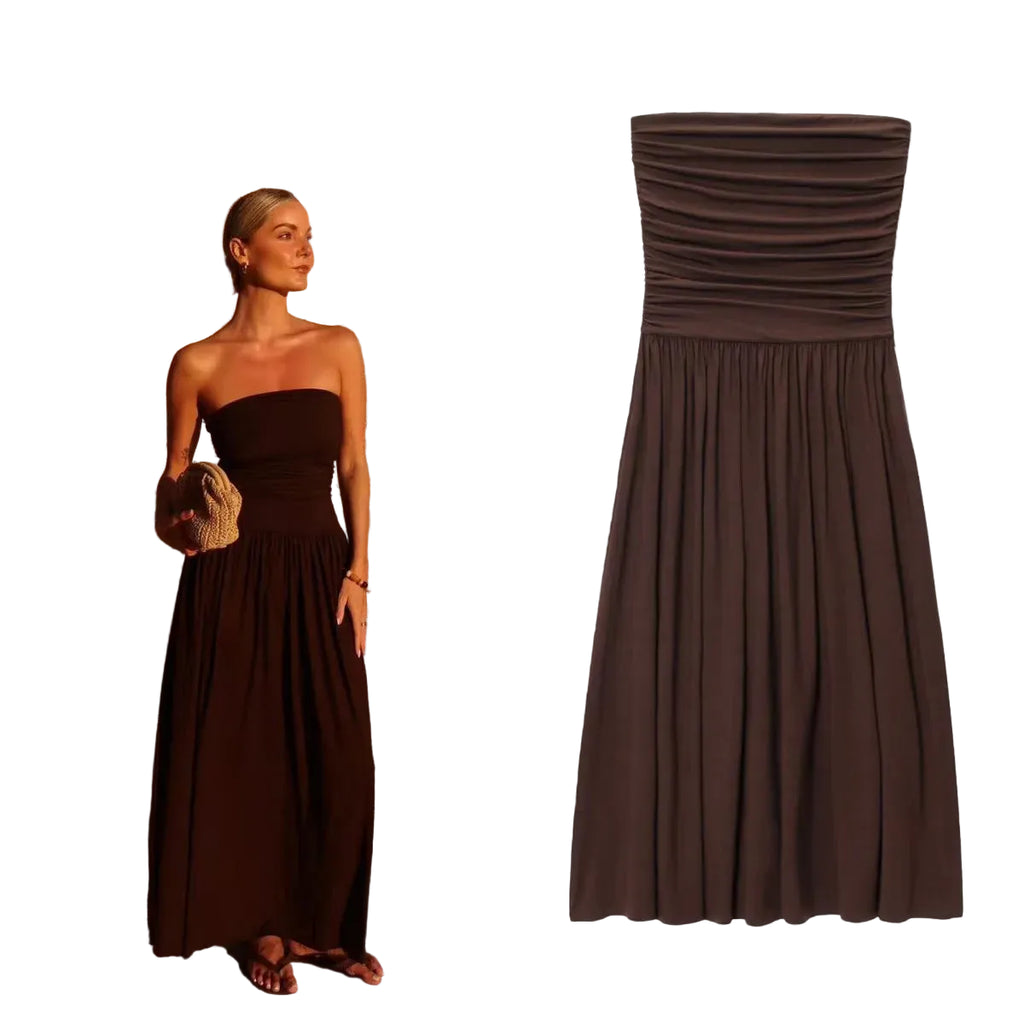 Vestido Elegante Sin Hombros para Mujer – Diseño Strapless con Pliegues Modernos