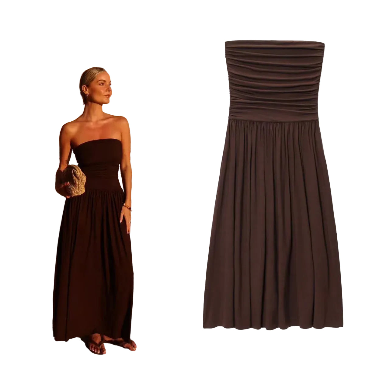 Vestido Elegante Sin Hombros para Mujer – Diseño Strapless con Pliegues Modernos