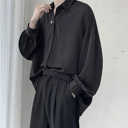 Camisa de Hombre Estilo Coreano – Manga Larga, Oversize y Transpirable con Corbata Negra