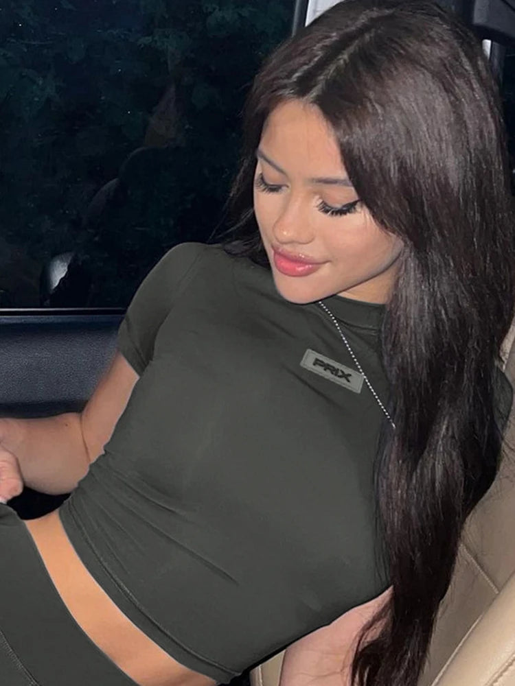 Hugcitar Estampado de letras Cuello redondo Manga corta Sexy.