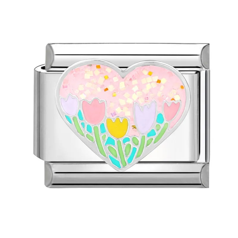 Charm Italiano de Acero Inoxidable – Diseño Ball No.8, Corazón, Cereza, Arcoíris, Gatos y Flores para Pulseras de 9mm