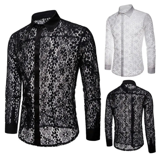 Camisa de Hombre con Cuello Vuelto – Manga Larga, Algodón y Encaje Transparente Estilo Clubwear