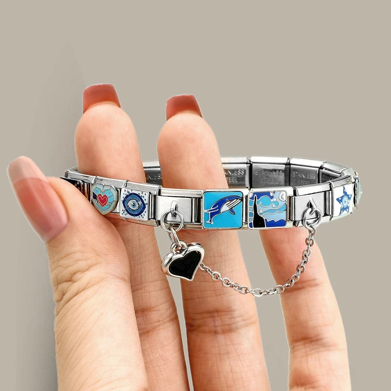 Charm Italiano de Acero Inoxidable – Diseño Ball No.8, Corazón, Cereza, Arcoíris, Gatos y Flores para Pulseras de 9mm