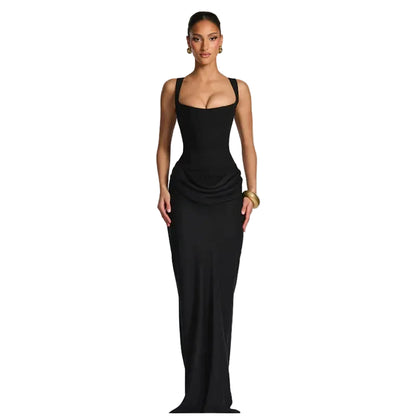 Vestido Maxi Marrón para Mujer – Tirantes, Pliegues y Cintura Ajustada