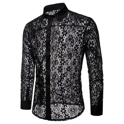 Camisa de Hombre con Cuello Vuelto – Manga Larga, Algodón y Encaje Transparente Estilo Clubwear