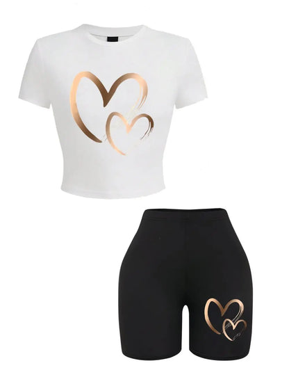 Conjunto de 2 Piezas para Mujer – Crop Top y Shorts con Estampado de Corazones