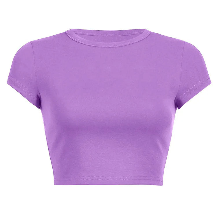 Camiseta casual morada de manga corta para mujer.