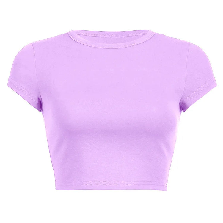 Camiseta casual morada de manga corta para mujer.