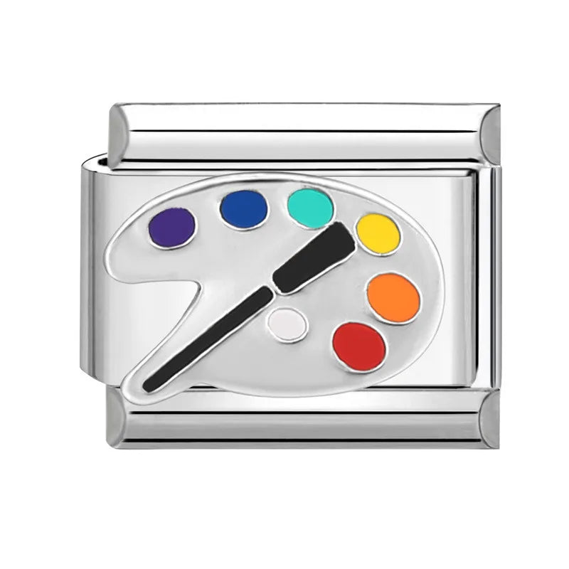 Charm Italiano de Acero Inoxidable – Diseño Ball No.8, Corazón, Cereza, Arcoíris, Gatos y Flores para Pulseras de 9mm