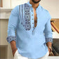 Camisa Masculina de 7 Botones – Manga Larga, Cuello Henley en V y Estilo Casual Holgado