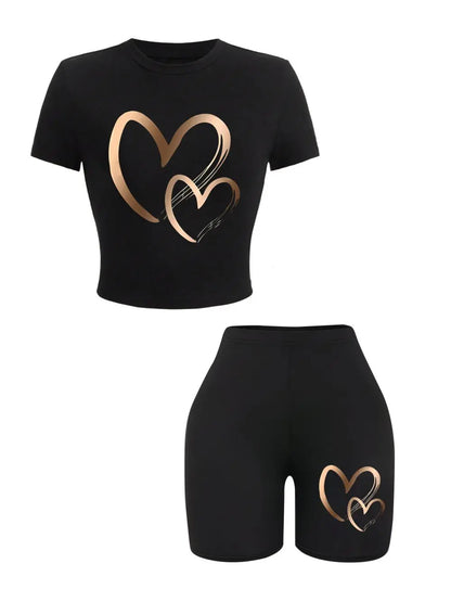 Conjunto de 2 Piezas para Mujer – Crop Top y Shorts con Estampado de Corazones